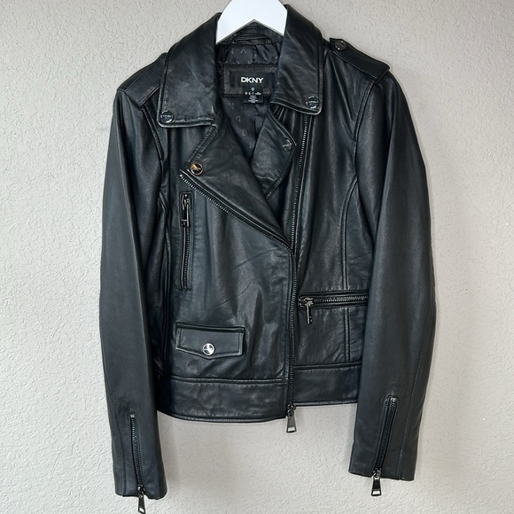 DKNY 100% Leather Black Fully Lined Motorcycle Jacket with Pockets Size M - Picture 2 of 12